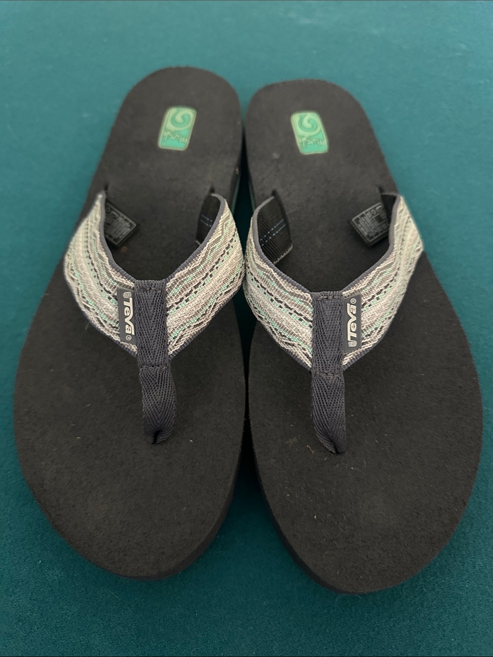 Teva Women's Black Sandals with Light Gray and Mint Woven Straps